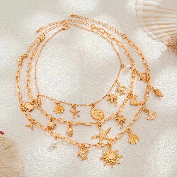Alloy Seahorse Starfish Shell Pendant Necklace
