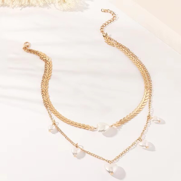 Double Alloy Simple Heart Pearl Pendant Necklace